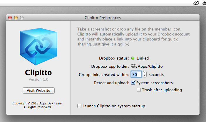 スクリーンショットをdrobboxにアップロードして共有リンクをクリップボードへコピー Clipitto Macの手書き説明書
